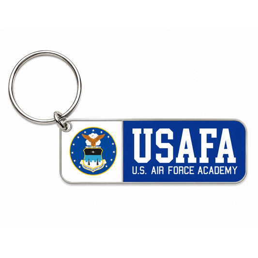 USAFA Crest Keychain with blue enamel Air Force Academy design and brass key ring on white background
