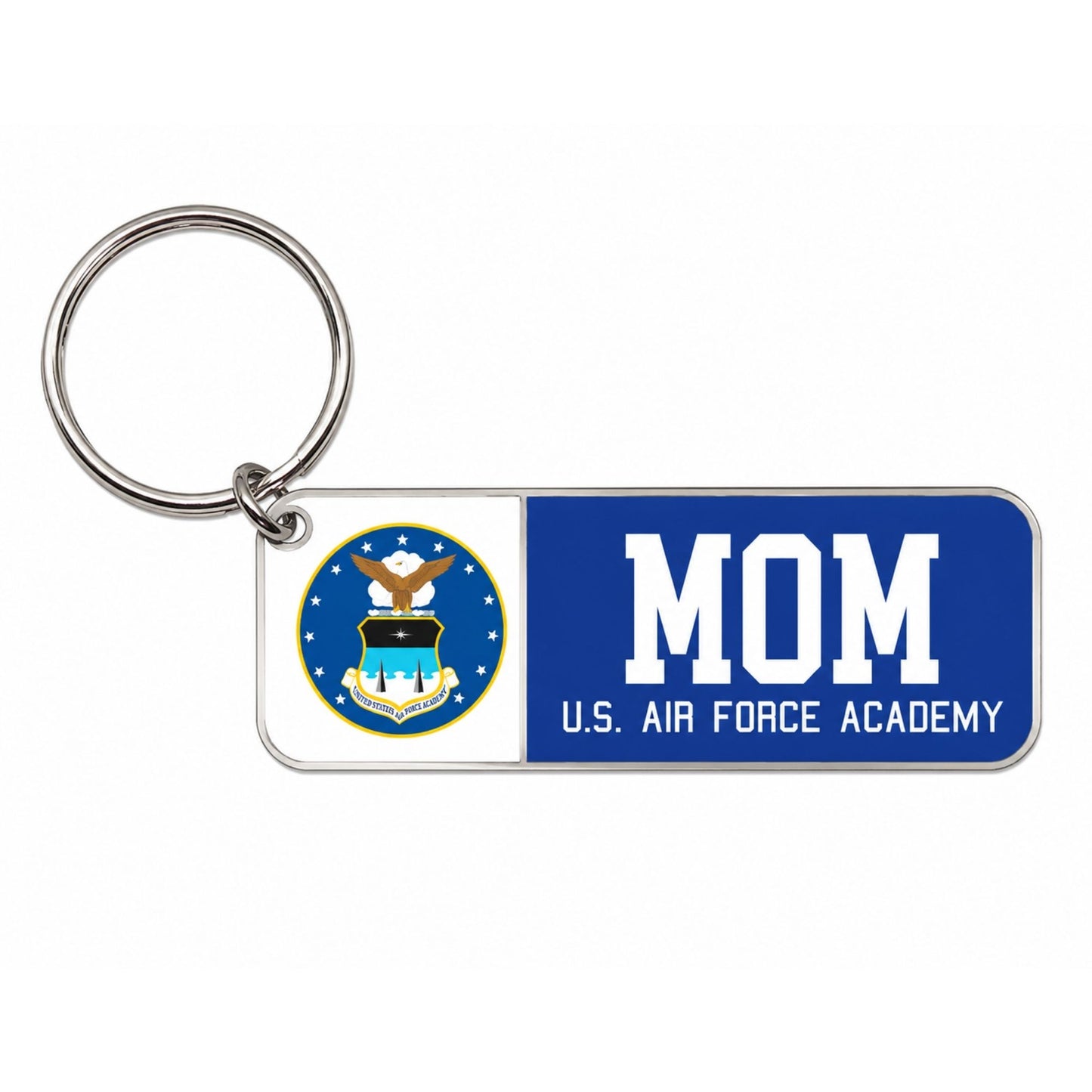 USAFA Crest Mom Keychain with blue enamel Air Force Academy design and brass key ring on white background