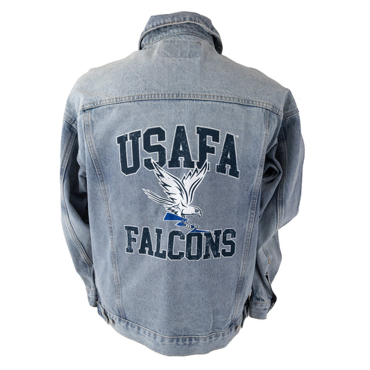 Denim jacket with USAFA Falcons graphic on the back featuring falcon illustration and lettering