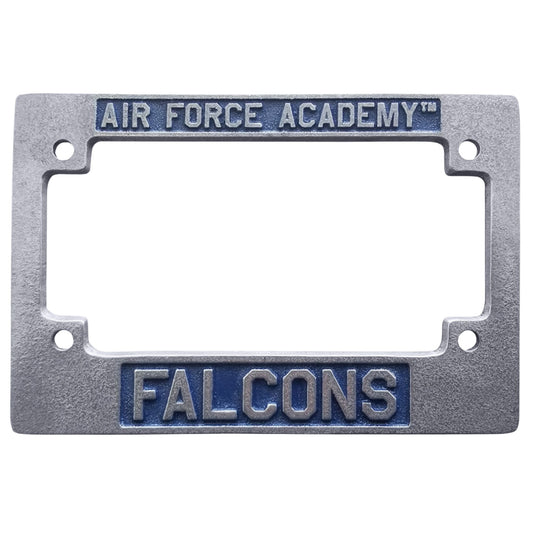 USAFA Falcons pewter motorcycle license plate frame with raised lettering and blue enamel accents