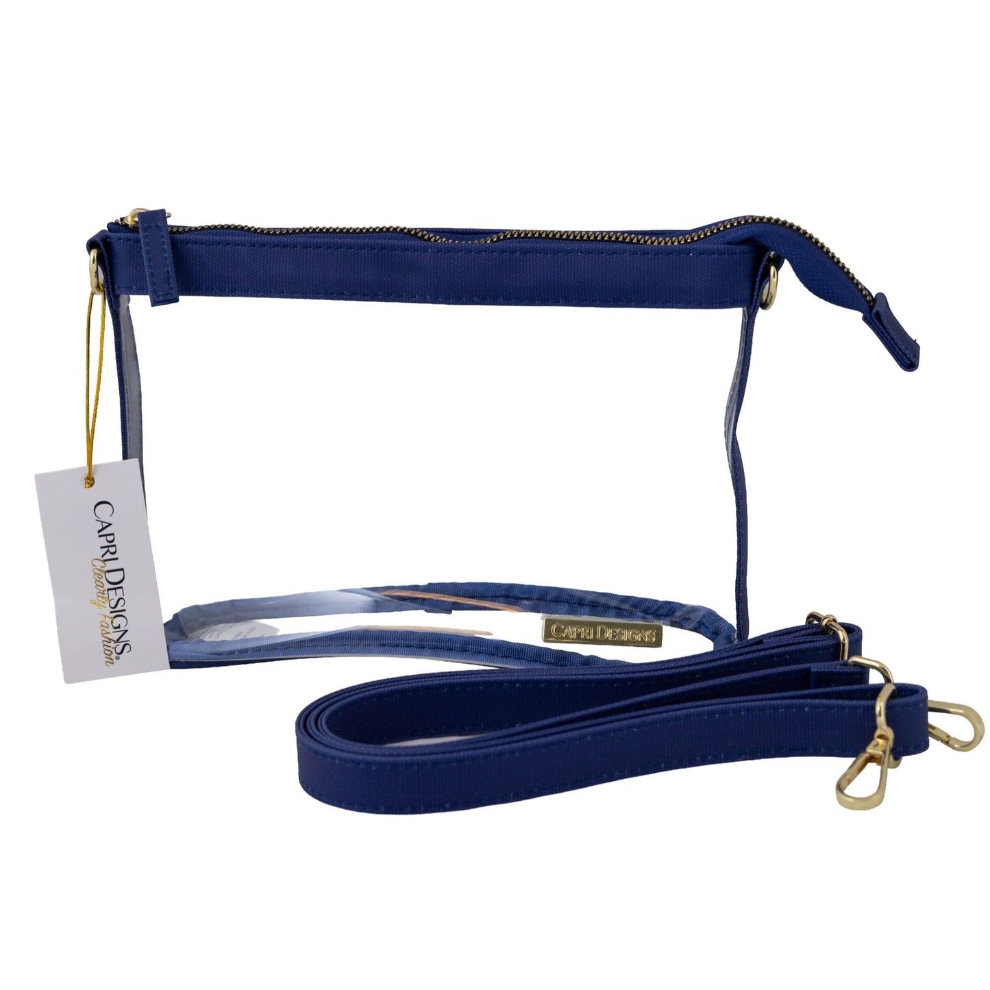 Clear USAFA game day crossbody bag with navy trim and adjustable shoulder strap