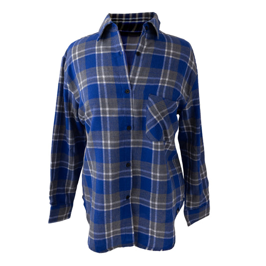 Blue and gray USAFA gameday plaid flannel shirt with button front and chest pocket