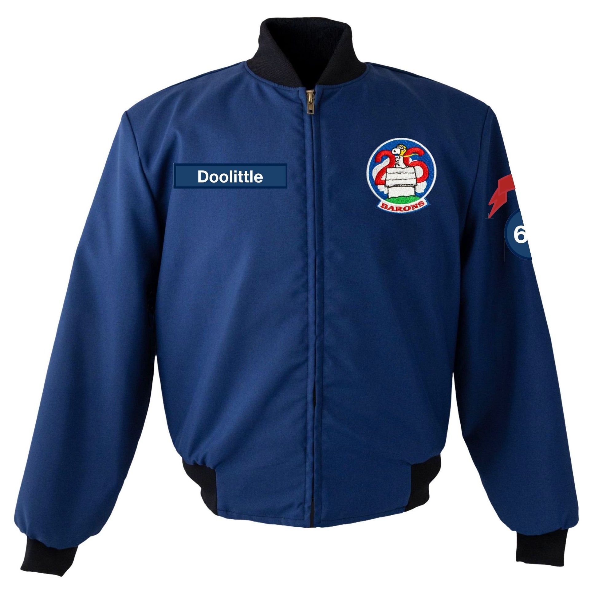 Air Force Academy A-Jacket in navy blue with black ribbed collar and cuffs, featuring a customizable name tag on the chest and cadet squadron patches on the front and sleeve.