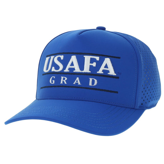 USAFA Grad blue golf hat with embroidered USAFA Grad text, curved bill, and perforated side panels