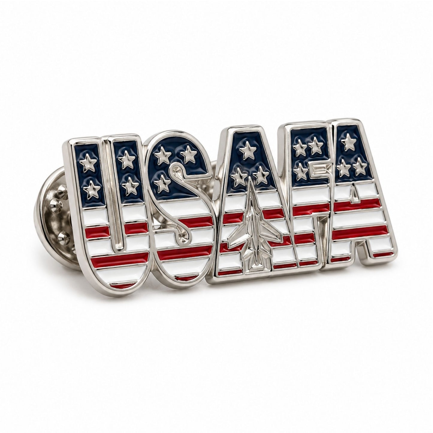 Silver USAFA enamel lapel pin featuring an American flag design with red, white, and blue accents.