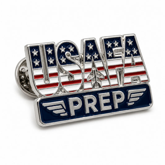 Silver USAFA Prep enamel lapel pin with American flag design and butterfly clutch backing.