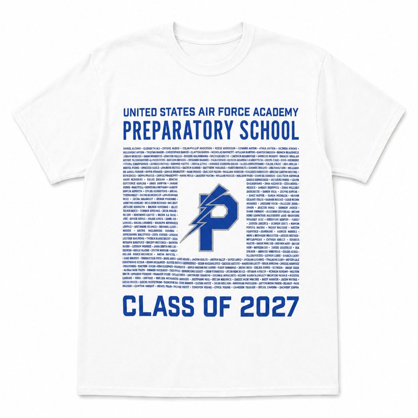 White USAFA Preparatory School Class of 2027 T-shirt featuring cadet names and the royal blue Prep School emblem.