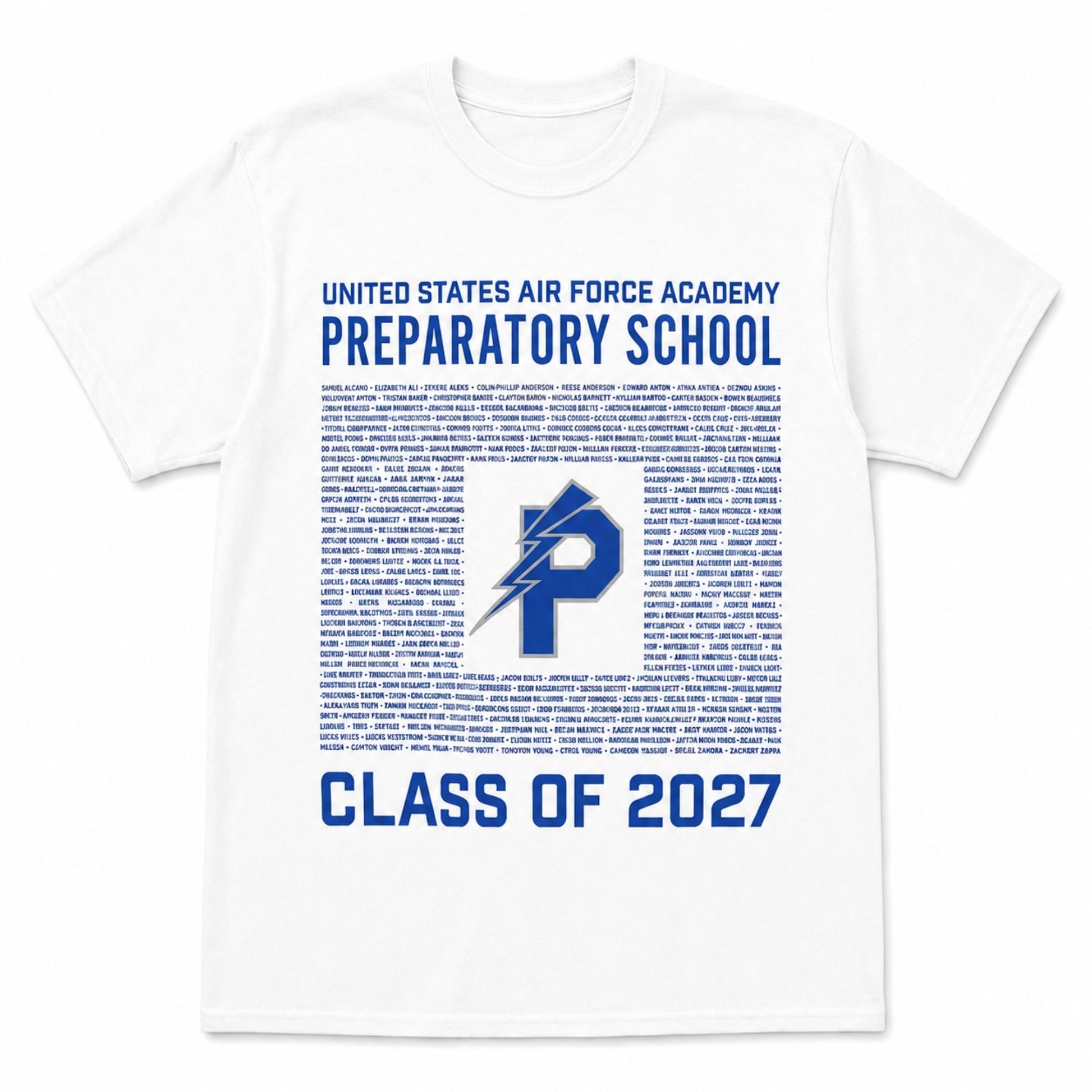 White USAFA Preparatory School Class of 2027 T-shirt featuring cadet names and the royal blue Prep School emblem.