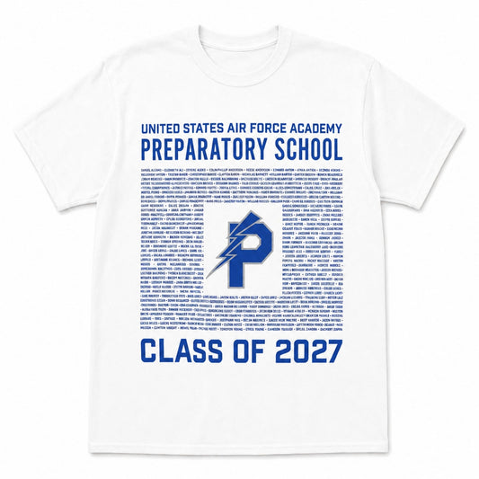 White USAFA Preparatory School Class of 2027 T-shirt featuring cadet names and the royal blue Prep School emblem.
