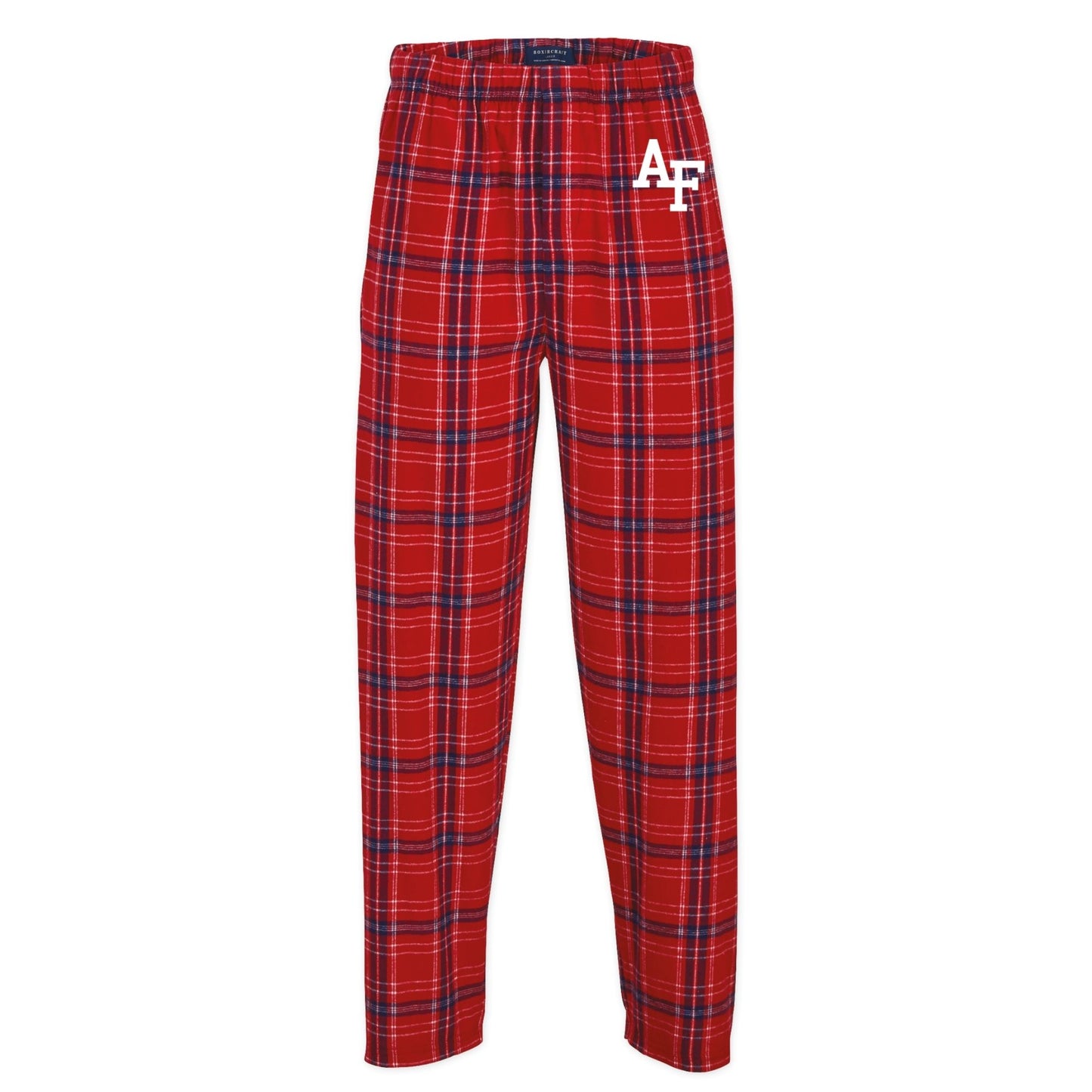 Red class color plaid flannel pants with AF logo on the hip
