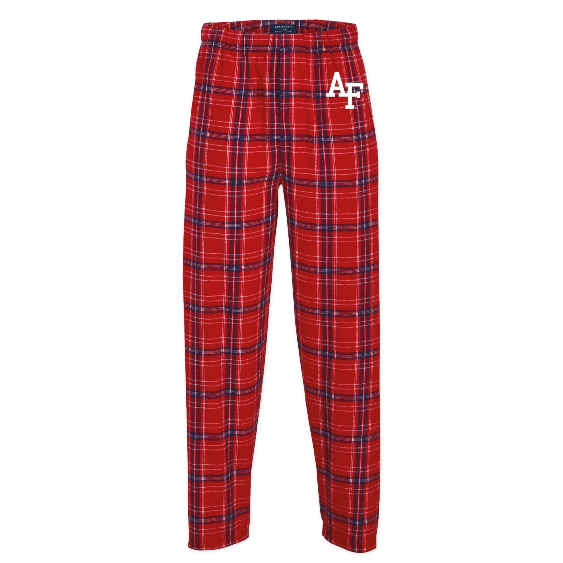 Red class color plaid flannel pants with AF logo on the hip
