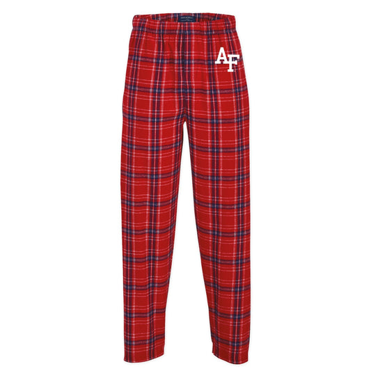 Red class color plaid flannel pants with AF logo on the hip