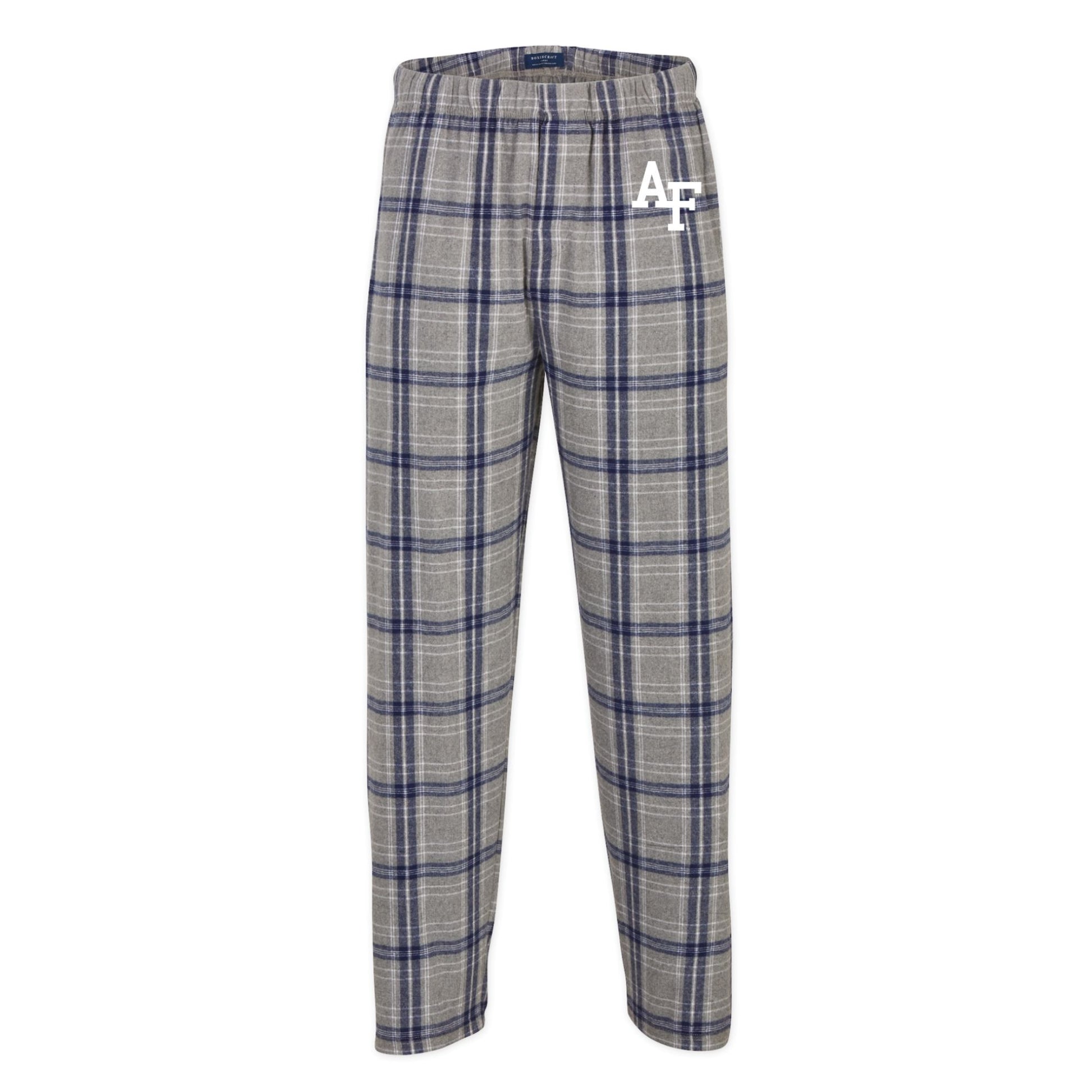 Silver class color plaid flannel pants with AF logo on the hip