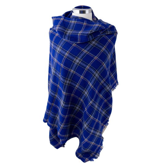 Blue USAFA tartan cashmere shawl with plaid pattern and fringed edges