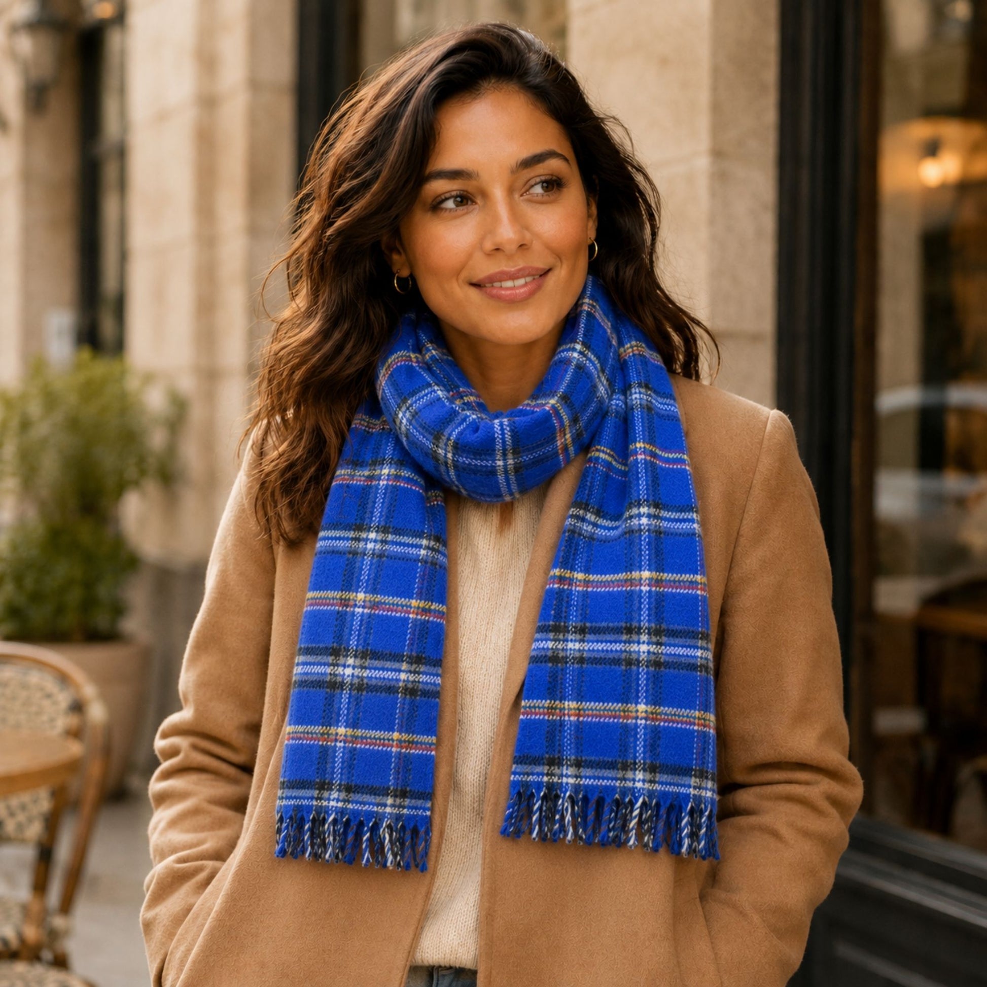 Blue USAFA tartan lambswool scarf with red, yellow, white, and black accents and short fringe.