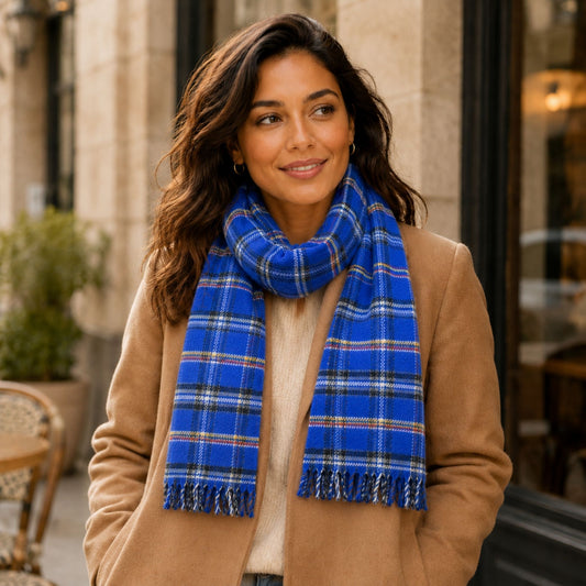 Blue USAFA tartan lambswool scarf with red, yellow, white, and black accents and short fringe.