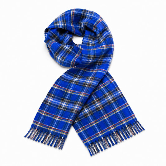 Blue USAFA tartan lambswool scarf with red, yellow, white, and black accents and short fringe.