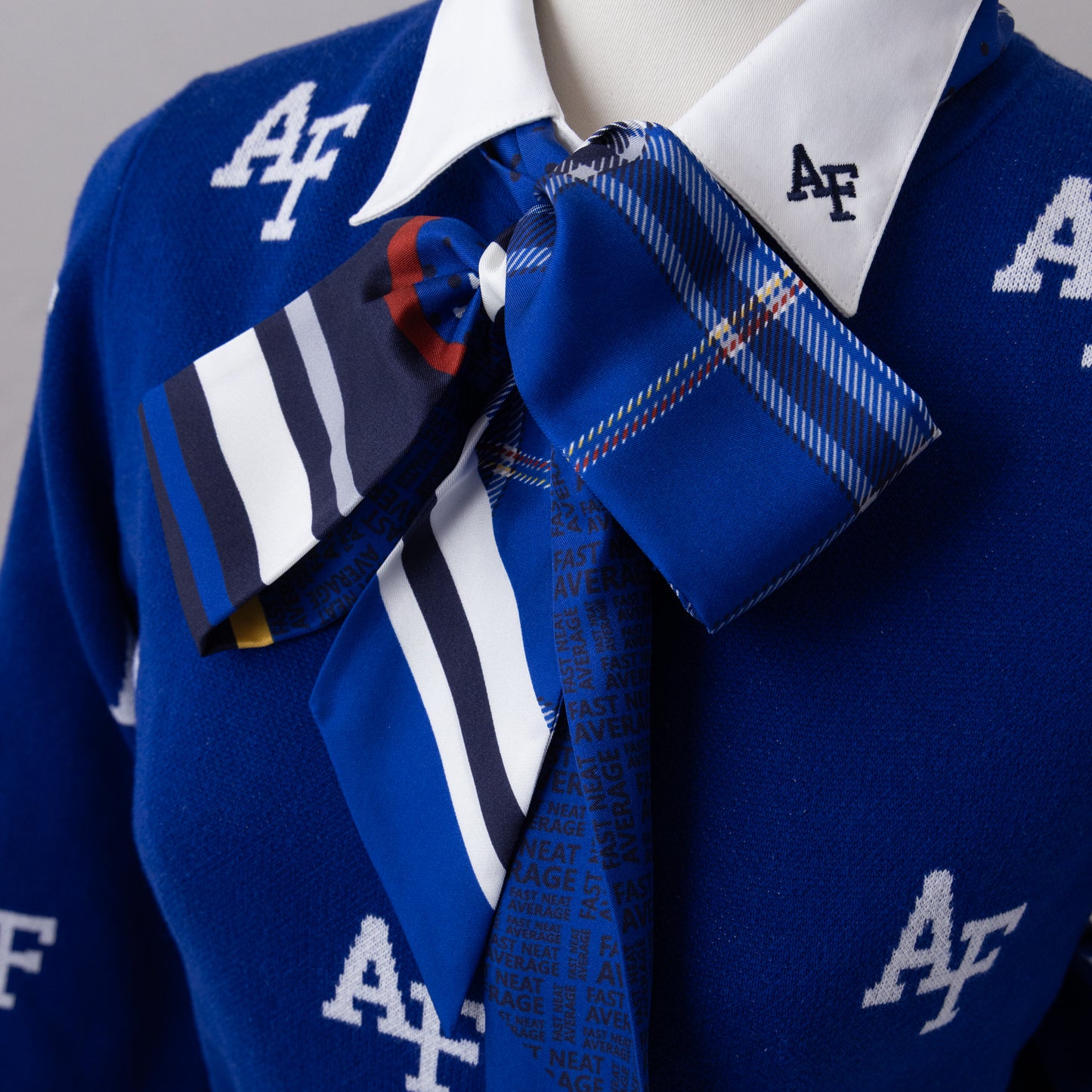Blue USAFA tartan women’s silk skinny scarf with AF pattern and striped detail