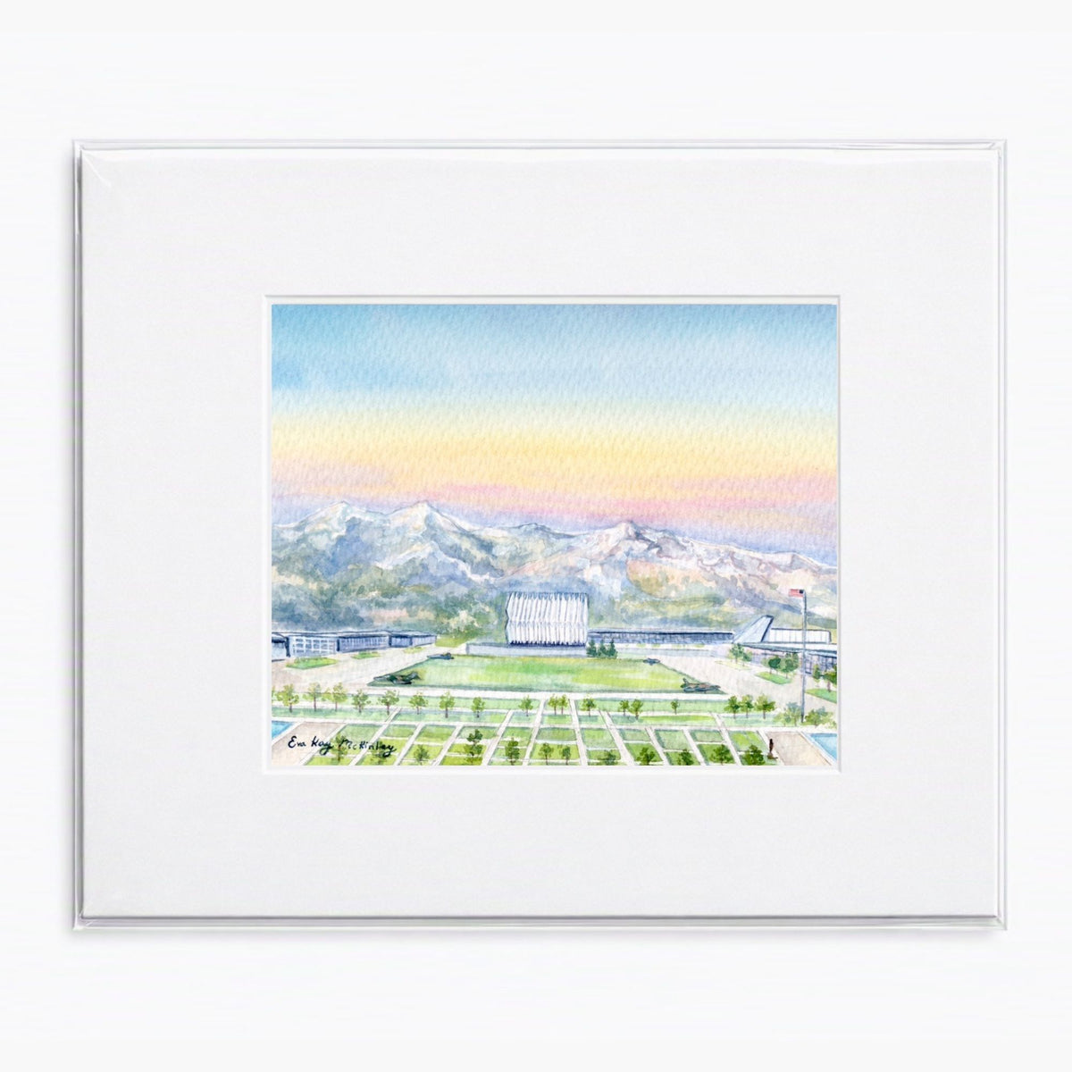 Matted watercolor print featuring the United States Air Force Academy Terrazzo and mountain landscape.