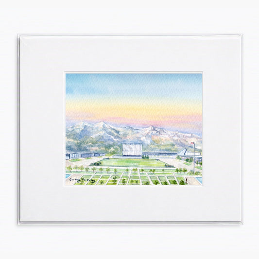 Matted watercolor print featuring the United States Air Force Academy Terrazzo and mountain landscape.