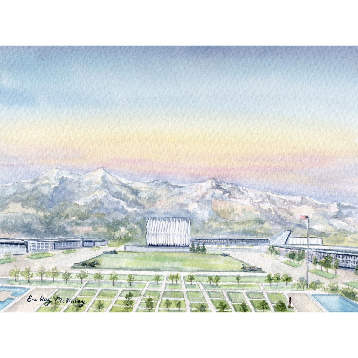 Watercolor print of the USAFA Terrazzo, Cadet Chapel, and Rocky Mountains.