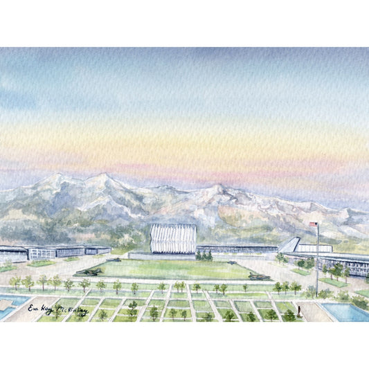 Watercolor print of the USAFA Terrazzo, Cadet Chapel, and Rocky Mountains.