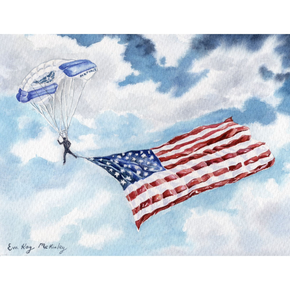 Watercolor painting of a USAFA Wings of Blue parachutist flying with a large American flag.