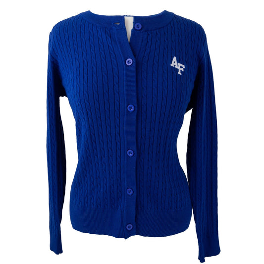 Royal blue women’s USAFA cable knit cardigan with AF logo and button front