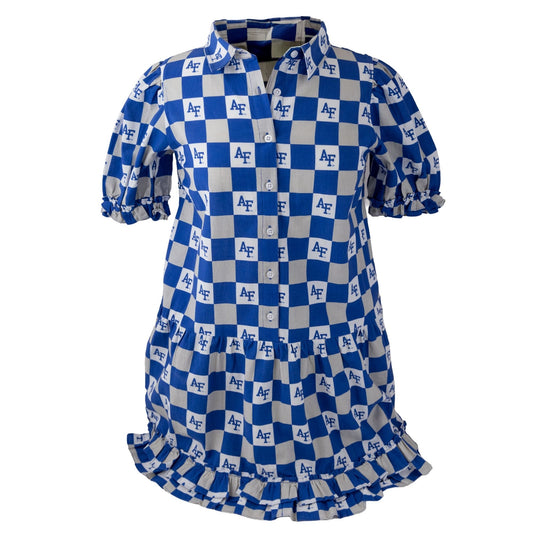 Blue and white checkered women’s USAFA button-front dress with AF logo pattern and ruffle hem