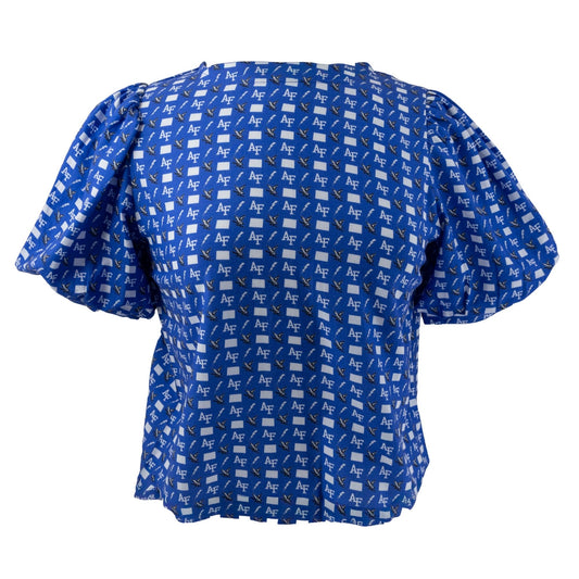 Royal blue women’s USAFA puff sleeve top with repeating AF logo pattern
