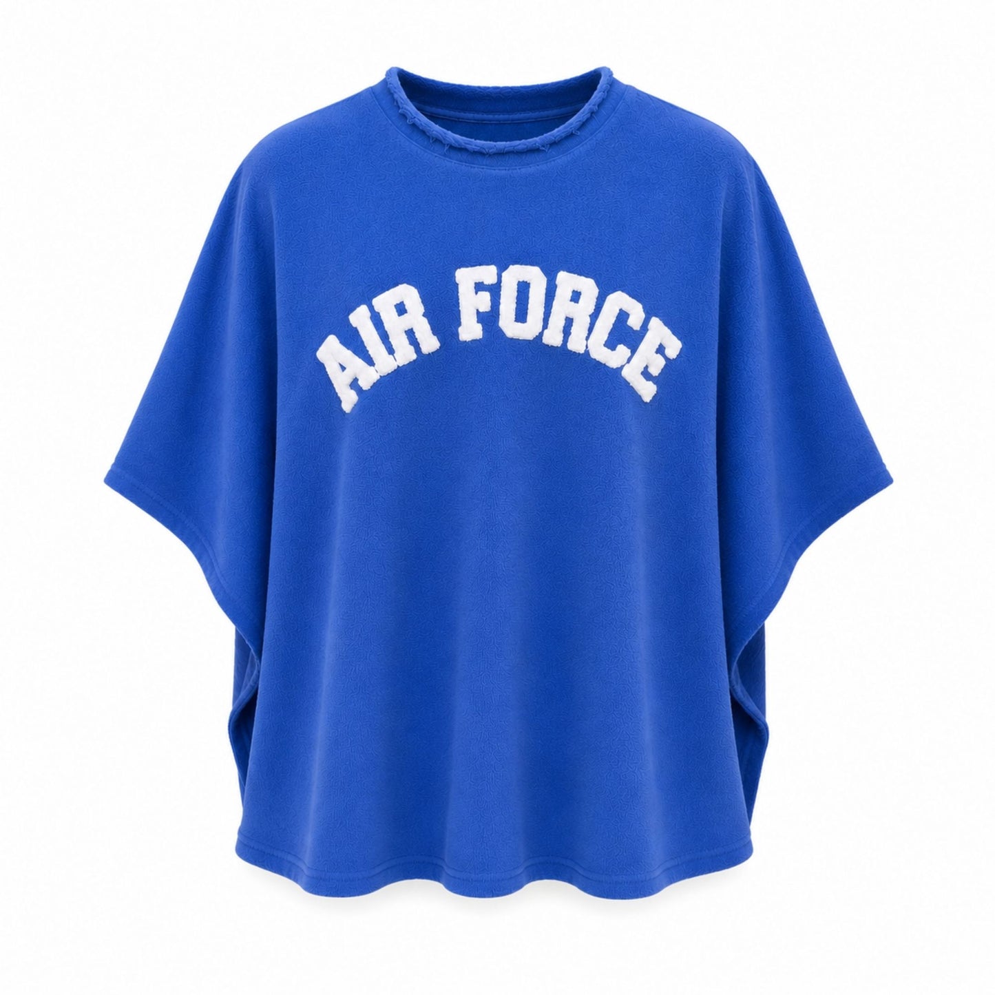 Royal blue Varsity Chenille Poncho with oversized white AIR FORCE chenille lettering and a distressed neckline.