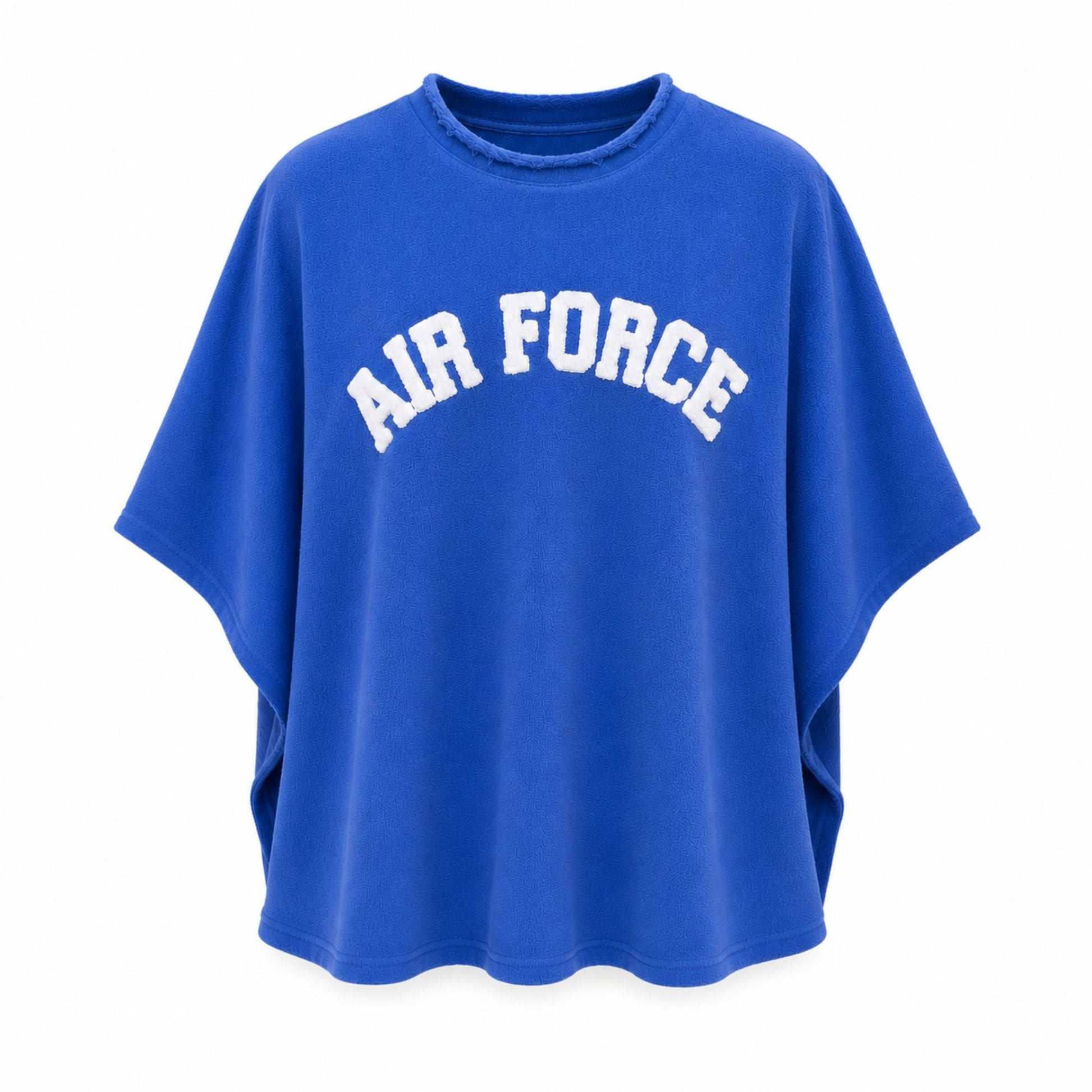 Royal blue Varsity Chenille Poncho with oversized white AIR FORCE chenille lettering and a distressed neckline.