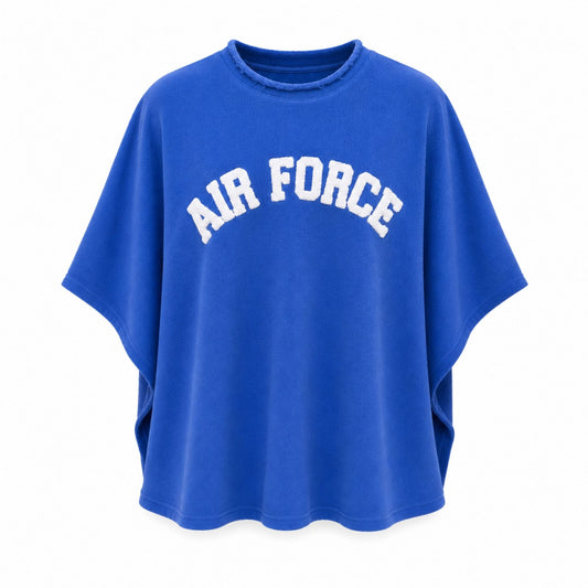 Royal blue Varsity Chenille Poncho with oversized white AIR FORCE chenille lettering and a distressed neckline.
