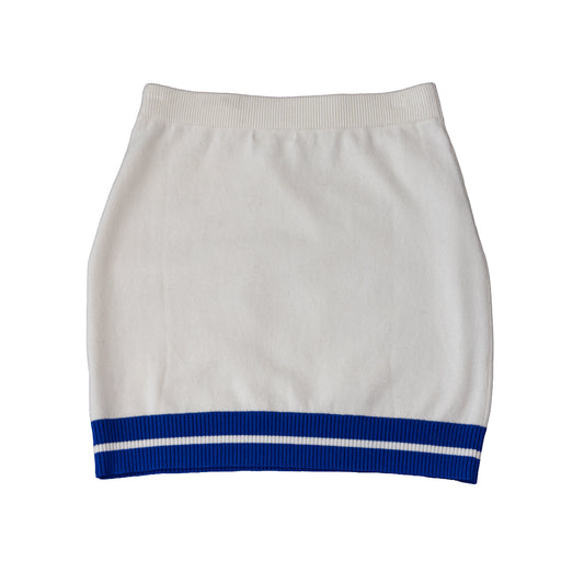 Cream varsity sweater skirt with blue striped hem and ribbed waistband