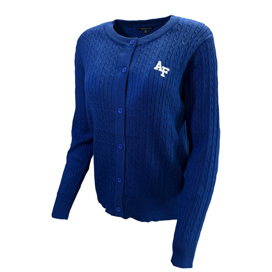 Women’s royal blue AF cable knit cardigan with embroidered logo