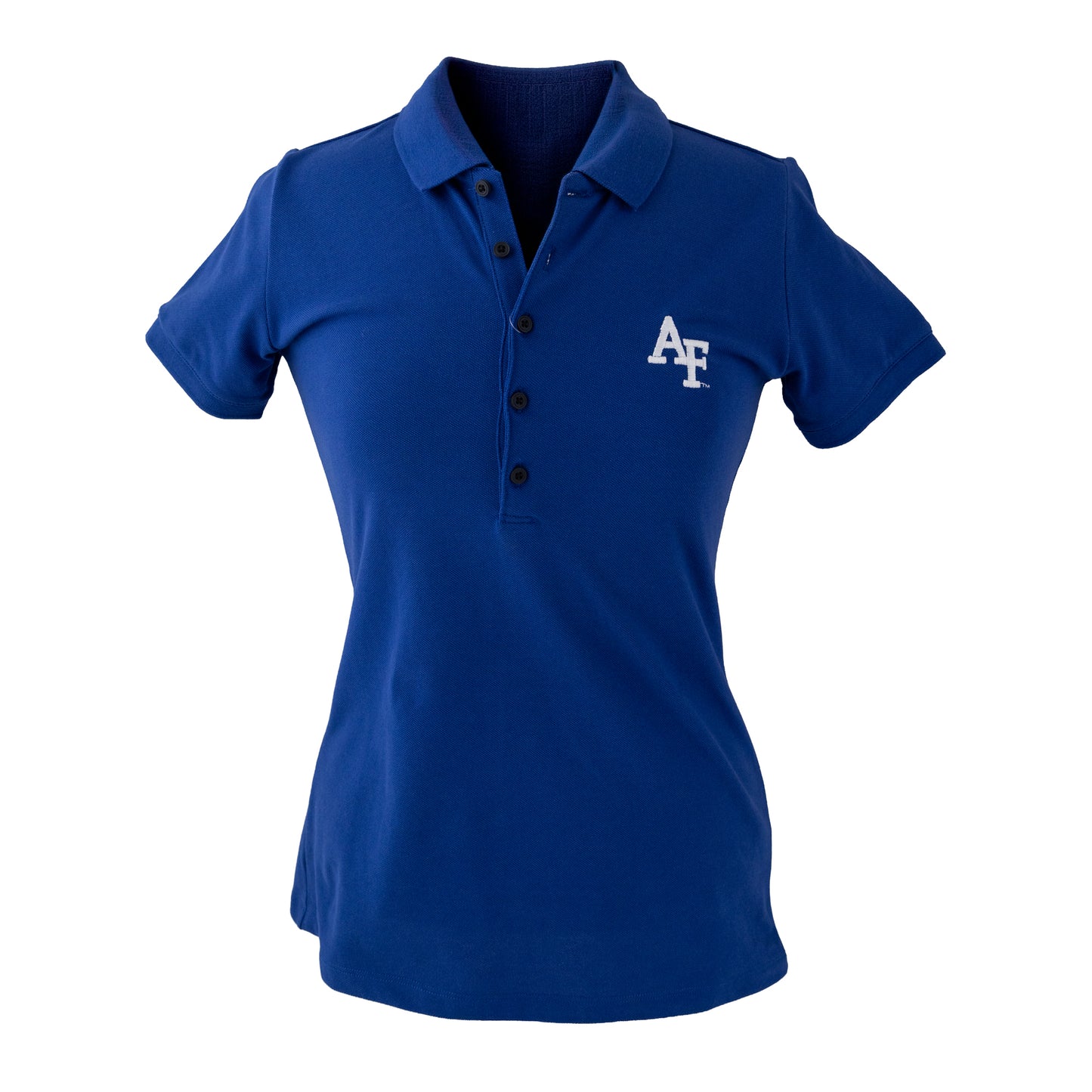 Royal blue women’s Air Force Academy polo shirt with white AF logo on the left chest