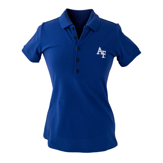 Royal blue women’s Air Force Academy polo shirt with white AF logo on the left chest