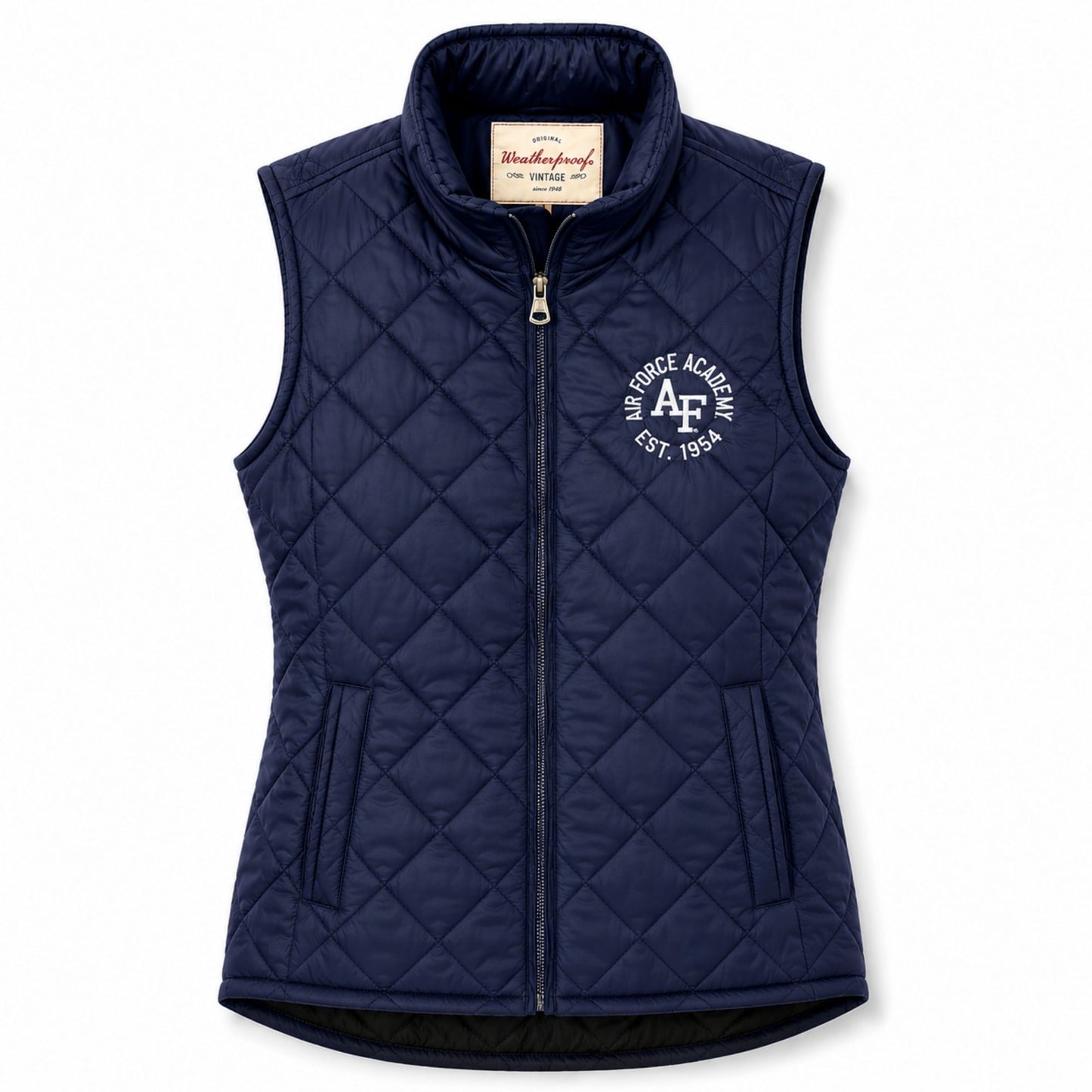 Women’s navy Air Force Academy diamond quilt vest with collegiate graphic