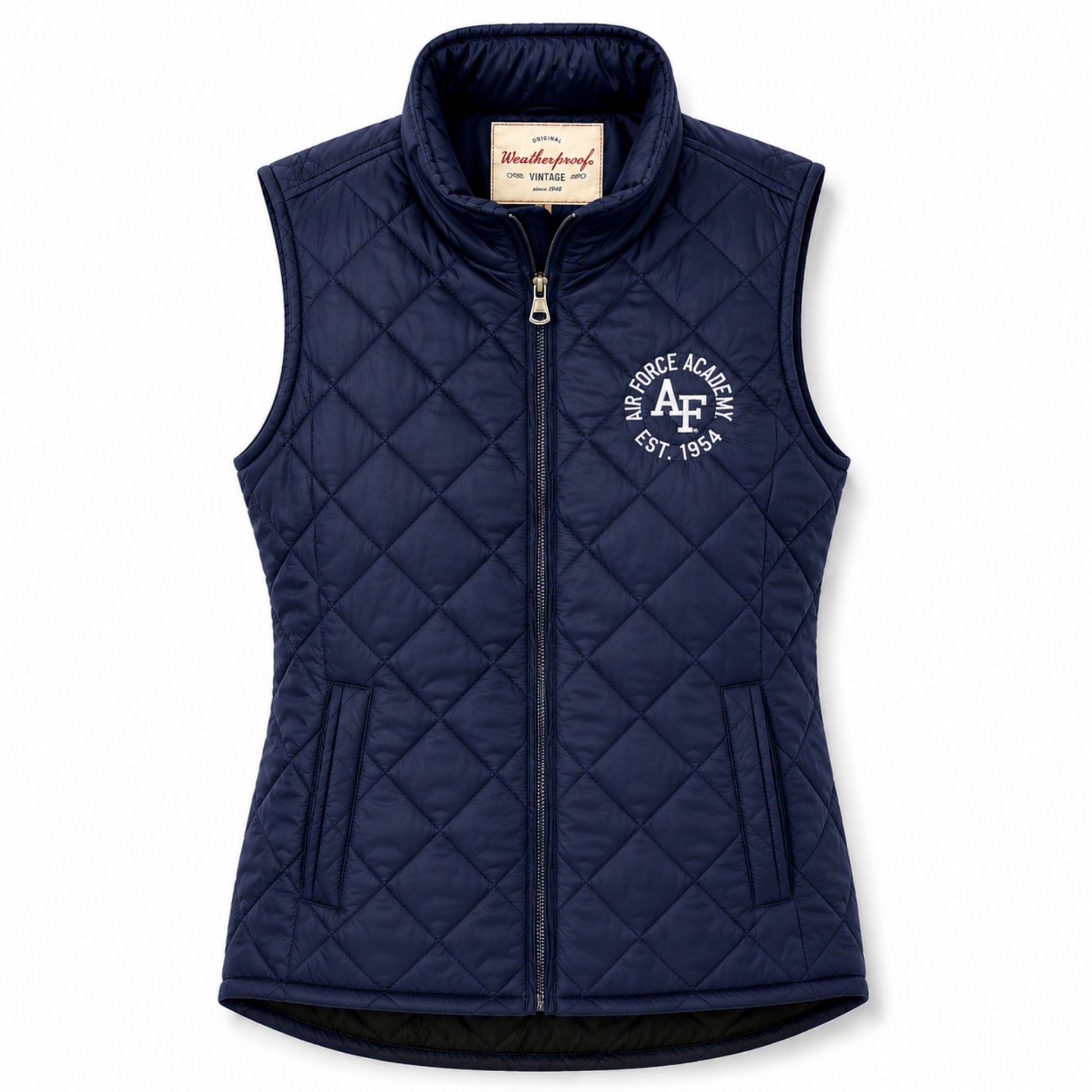 Women’s navy Air Force Academy diamond quilt vest with collegiate graphic