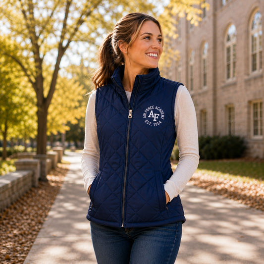 Women’s navy Air Force Academy diamond quilt vest with collegiate graphic