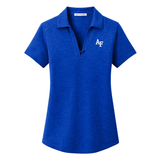 Women’s royal blue Air Force Academy performance polo with moisture-wicking fabric, V-neck keyhole detail, and embroidered AF logo