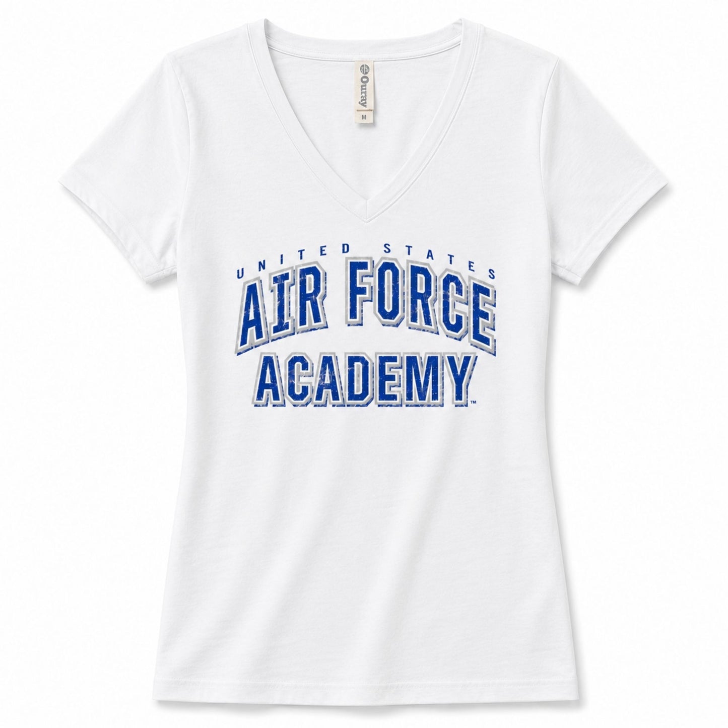 Women's white Air Force Academy Varsity V-Neck Tee featuring a distressed blue collegiate graphic and classic V-neck silhouette.