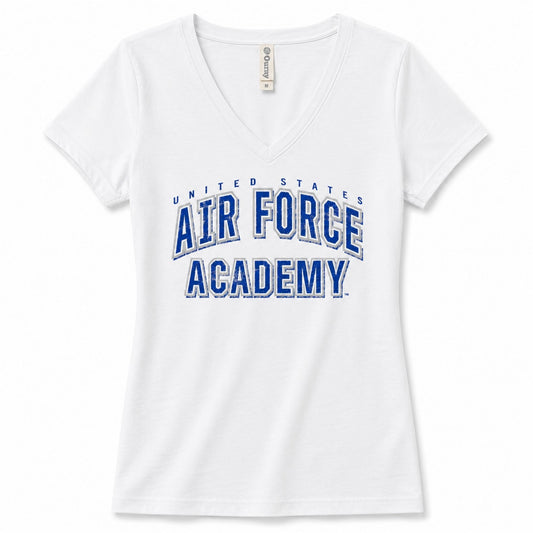 Women's white Air Force Academy Varsity V-Neck Tee featuring a distressed blue collegiate graphic and classic V-neck silhouette.