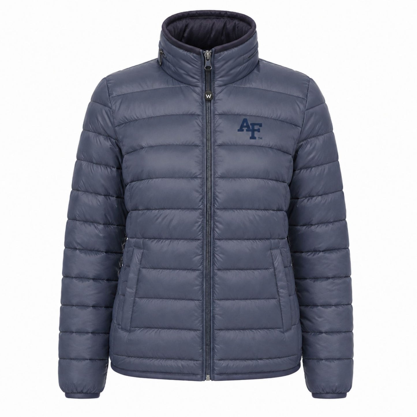 Women’s slate blue Air Force puffy jacket with AF logo