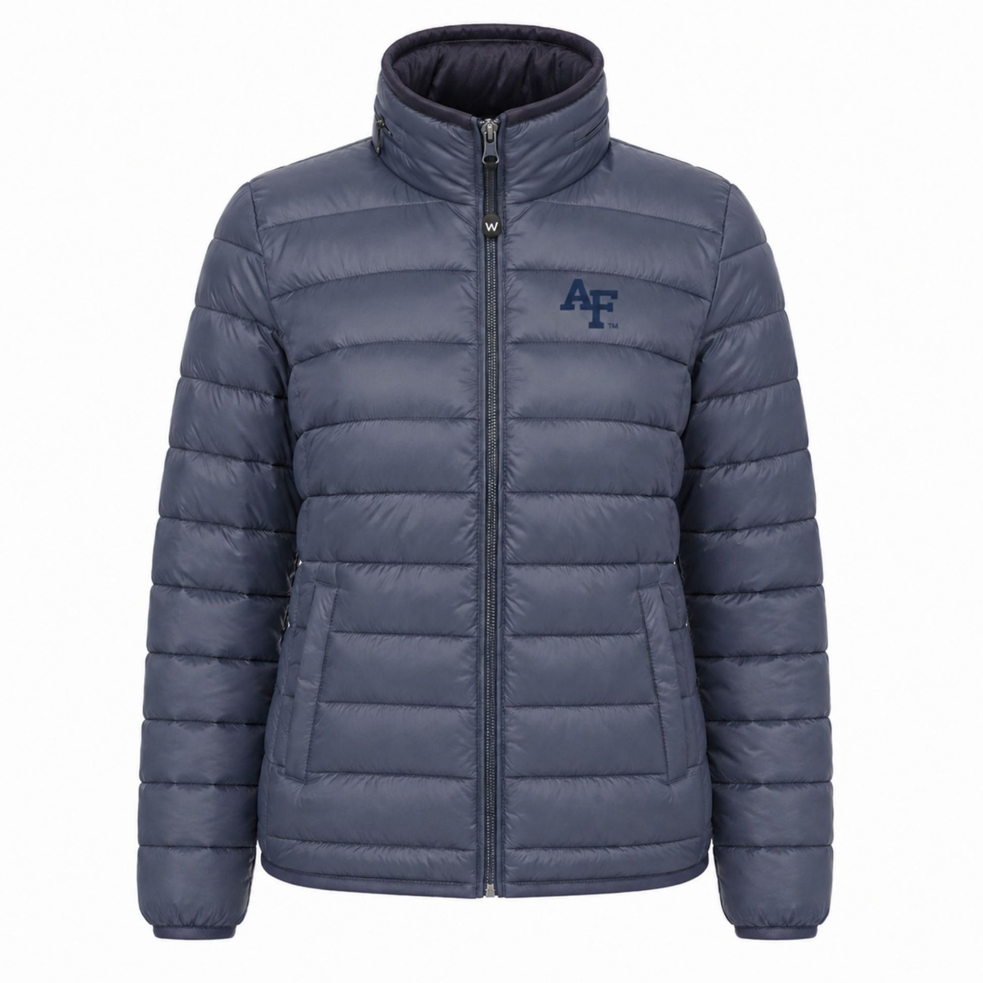 Women’s slate blue Air Force puffy jacket with AF logo