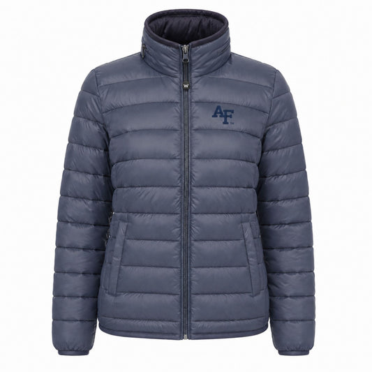 Women’s slate blue Air Force puffy jacket with AF logo