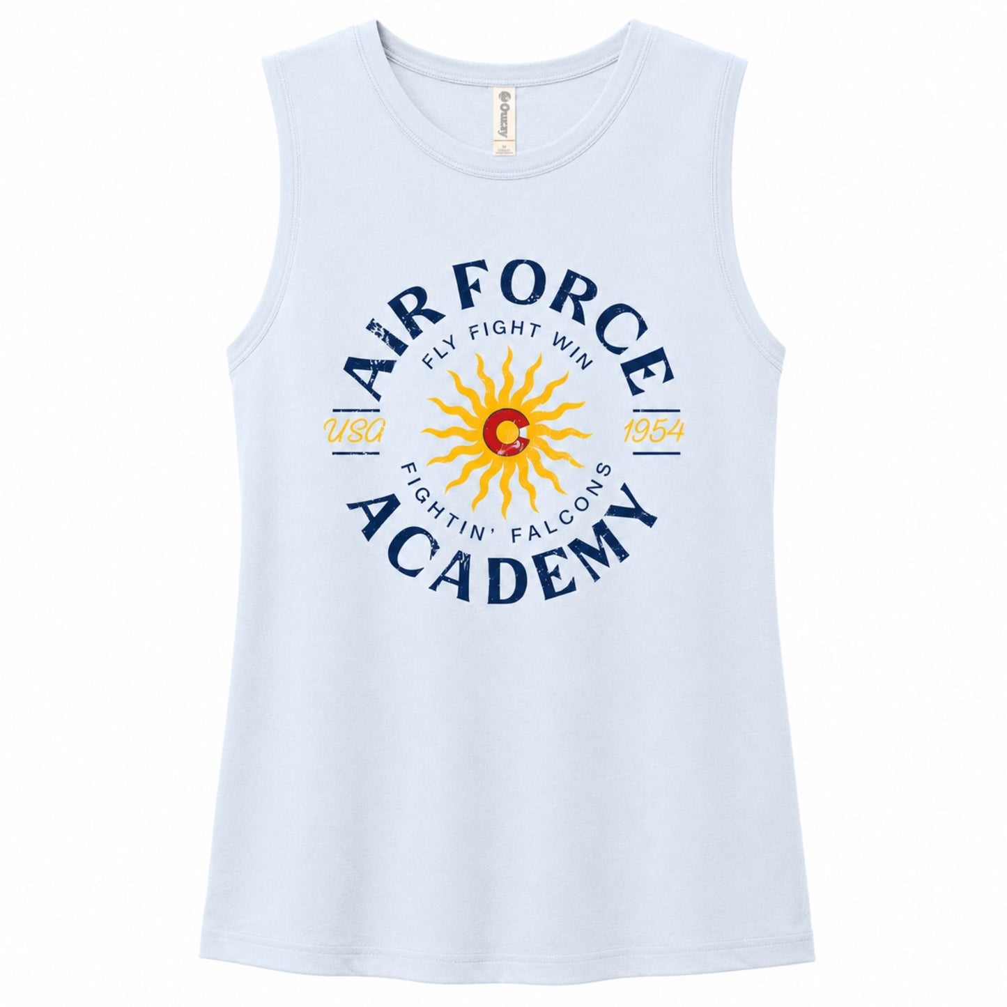 Light blue Women’s Fighting Falcons Tank Top with vintage Air Force Academy graphic and Colorado-inspired sun design