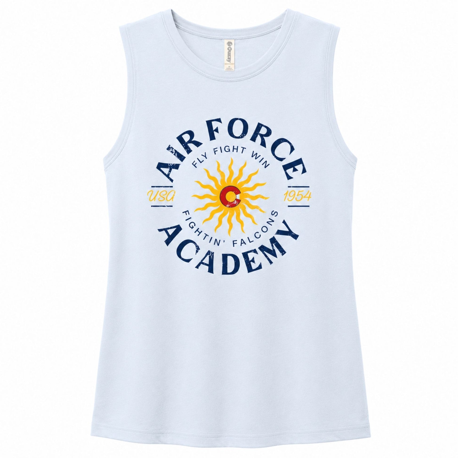 Light blue Women’s Fighting Falcons Tank Top with vintage Air Force Academy graphic and Colorado-inspired sun design
