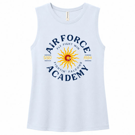Light blue Women’s Fighting Falcons Tank Top with vintage Air Force Academy graphic and Colorado-inspired sun design