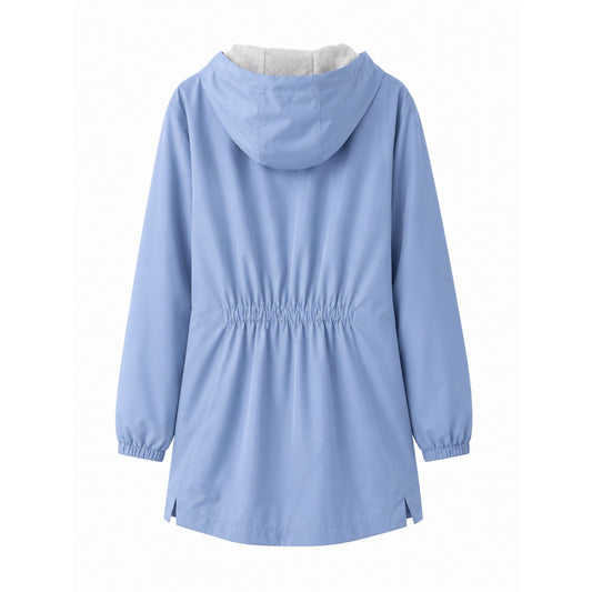 Women’s light blue Air Force Academy Flight Deck Rain Jacket with hood, longer curved hem, and lightweight water-resistant shell